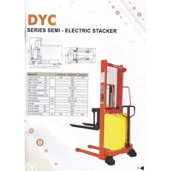 Semi Electric Stacker DALTON type DYC kapasitas 1 sampai 2 Ton Tinggi 1.6 meter