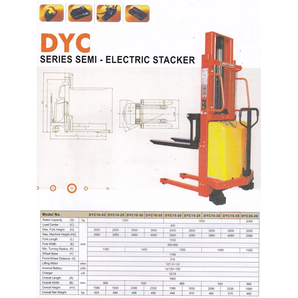 Semi Electric Stacker DALTON type DYC kapasitas 1 sampai 2 Ton Tinggi 1.6 meter